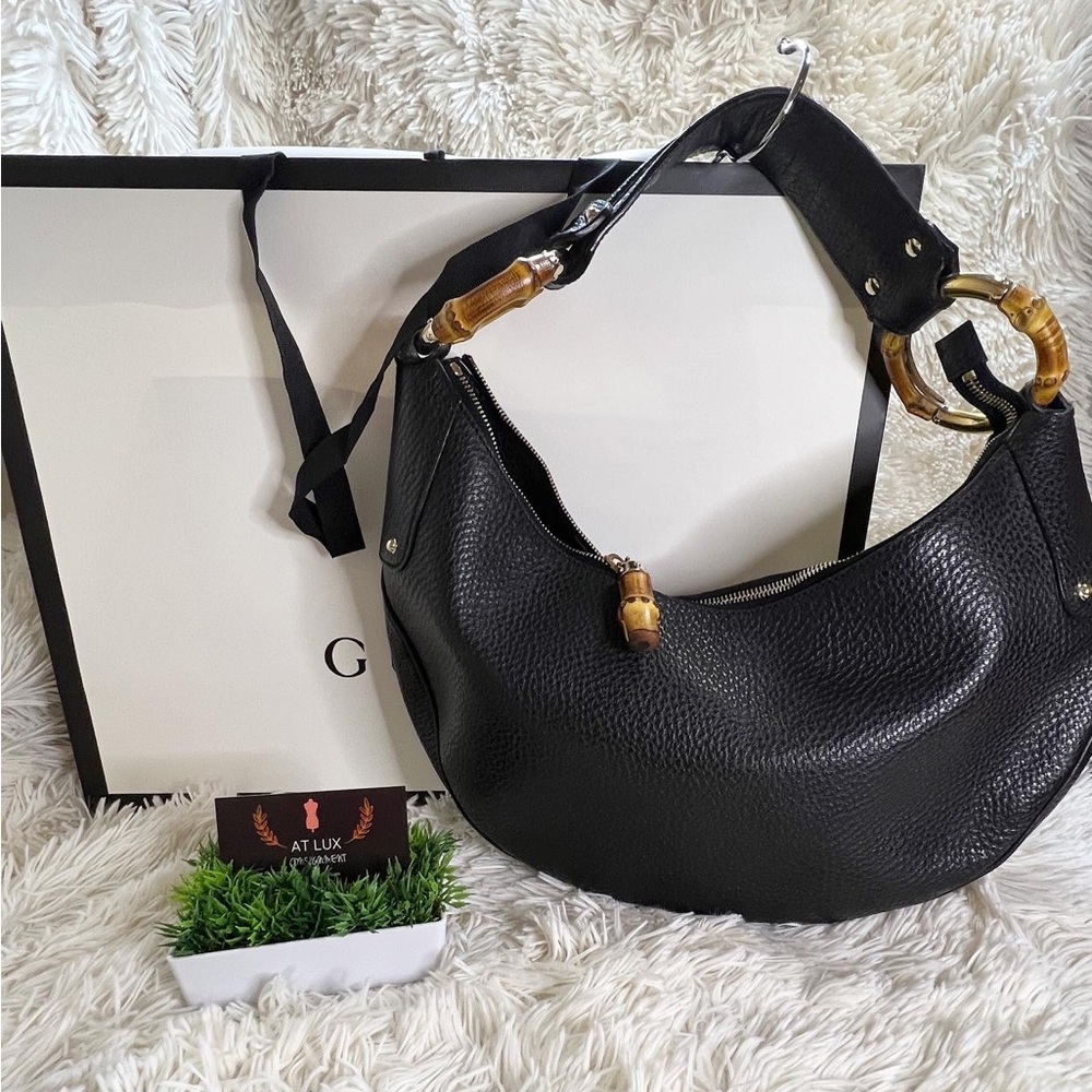 SOLD Authentic Gucci Black Leather Bamboo Ring Half Moon Hobo Shoulder Bag